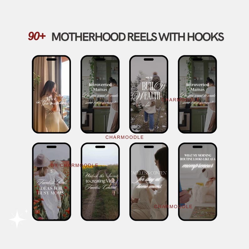 K&ouml;nnte beinhalten: Ein Bild mit acht Smartphone-Bildschirmen mit Text&uuml;berlagerungen. Der Text enth&auml;lt "90+ MOTHERHOOD REELS WITH HOOKS", "Introverted Mamas", "BUILD WEALTH" und "Faceless Roots IDEAS FOR BUSY MOMS". Die Bildschirme zeigen Bilder von Frauen.