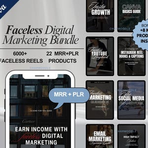 May include: A digital marketing bundle with the text "Faceless Digital Marketing Bundle" and "Earn Income with Faceless Digital Marketing". The image includes multiple digital product covers, including guides on Instagram Reels, YouTube, and social media.