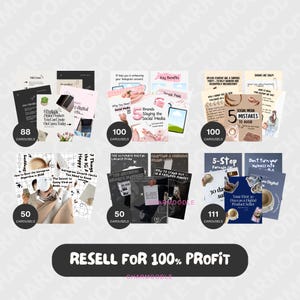 May include: A collection of digital product guides with titles like "8 Profitable Digital Products You Can Create On Canva Today" and "5 Social Media Mistakes to Avoid." The image includes the text "Resell for 100% Profit."