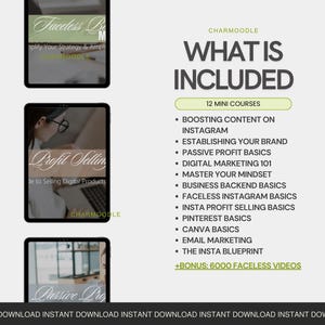 May include: A digital marketing course advertisement with the title "WHAT IS INCLUDED" in bold, dark gray letters. The image lists 12 mini-courses, including topics like Instagram content, branding, and digital marketing. Three tablets display course previews.