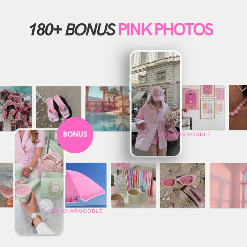 May include: A collage of pink-themed photos, including a person in pink clothing, a pink parasol, and pink accessories. The text "180+ BONUS PINK PHOTOS" is displayed at the top, with a pink circle labeled "BONUS".