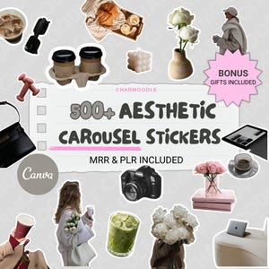 Könnte beinhalten: Ästhetisches Karussell-Aufkleber-Set mit verschiedenen Bildern, darunter Kaffeetassen, Sonnenbrillen, eine Kamera, Blumen und ein Laptop. Der Text "500+ Aesthetic Carousel Stickers" wird angezeigt, zusammen mit "MRR & PLR Included" und "Bonus Gifts Included".