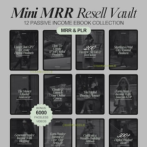 May include: A collection of 12 digital ebooks on a gray background, titled "Mini MRR Resell Vault." The ebooks cover topics like creating digital products, passive income, and online courses. Bonus includes 6000 faceless videos.