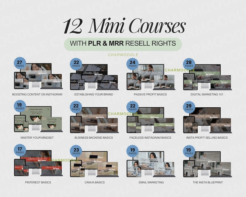 May include: An image showcasing 12 mini-courses with PLR & MRR resell rights. Each course is represented by a computer, tablet, and phone, with titles like "Boosting Content on Instagram" and "Digital Marketing 101". The courses range from 17 to 29 pages.