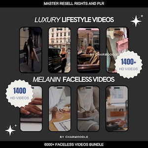 May include: A dark gray graphic with the text "LUXURY LIFESTYLE VIDEOS" and "MELANIN FACELESS VIDEOS." The image includes several smartphone mockups with lifestyle scenes and text that reads "1400+ HD VIDEOS" and "6000+ FACELESS VIDEOS BUNDLE."