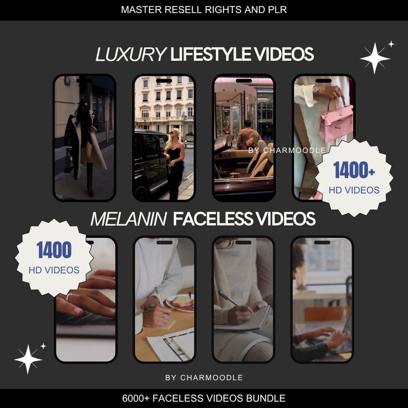 May include: A dark gray graphic with the text "LUXURY LIFESTYLE VIDEOS" and "MELANIN FACELESS VIDEOS." The image includes several smartphone mockups with lifestyle scenes and text that reads "1400+ HD VIDEOS" and "6000+ FACELESS VIDEOS BUNDLE."