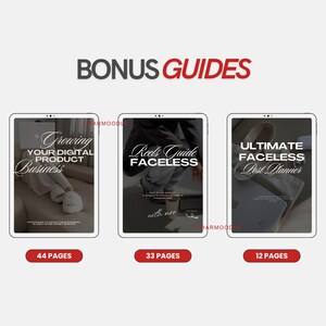 K&ouml;nnte beinhalten: Bild von drei digitalen Ratgebern auf Tablets. Die Titel lauten "Growing Your Digital Product Business", "Reels Guide Faceless" und "Ultimate Faceless Post Planner". Die Ratgeber haben 44, 33 bzw. 12 Seiten.