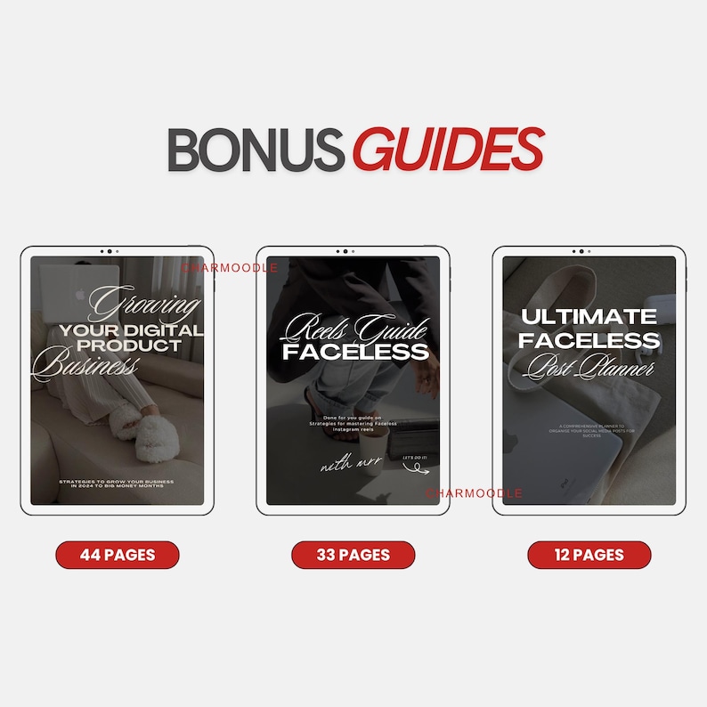 K&ouml;nnte beinhalten: Bild von drei digitalen Ratgebern auf Tablets. Die Titel lauten "Growing Your Digital Product Business", "Reels Guide Faceless" und "Ultimate Faceless Post Planner". Die Ratgeber haben 44, 33 bzw. 12 Seiten.