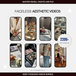 May include: A promotional image featuring a collection of faceless aesthetic videos. The image showcases various lifestyle scenes displayed within smartphone frames, with text indicating master resell rights and a bundle of over 6000 videos.
