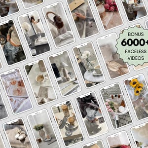 May include: A collection of smartphone screens displaying lifestyle scenes, including coffee, flowers, and workspace setups. The image features the text "BONUS 6000+ FACELESS VIDEOS" in a green circular badge, suggesting digital content.