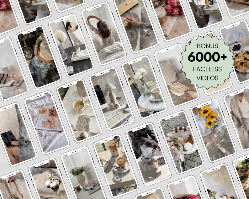 May include: A collection of smartphone screens displaying lifestyle scenes, including coffee, flowers, and workspace setups. The image features the text "BONUS 6000+ FACELESS VIDEOS" in a green circular badge, suggesting digital content.