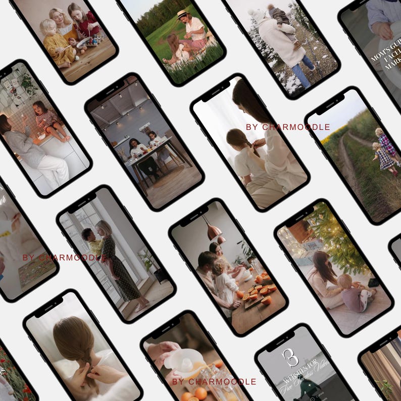 K&ouml;nnte beinhalten: Eine Ansammlung von Smartphones, die verschiedene Familienfotos zeigen. Die Bilder zeigen Szenen von Menschen, die interagieren, darunter Haare flechten, spielen und Outdoor-Aktivit&auml;ten genie&szlig;en. Die Telefone sind auf einem wei&szlig;en Hintergrund angeordnet.