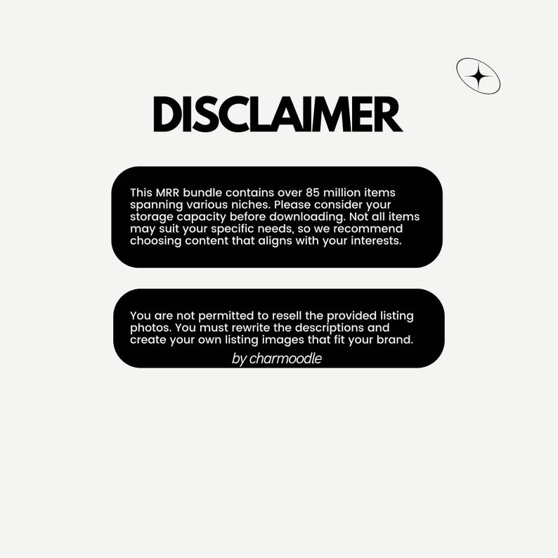 Puede incluir: Un gr&aacute;fico con la palabra "DISCLAIMER" en letras negras en negrita. Debajo, dos rect&aacute;ngulos negros redondeados contienen texto blanco. El rect&aacute;ngulo superior indica que el paquete MRR contiene m&aacute;s de 85 millones de art&iacute;culos. El rect&aacute;ngulo inferior indica que no est&aacute; permitido revender las fotos del listado.