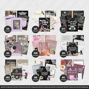 May include: A collection of digital product templates for social media, including Instagram carousels. The templates feature various designs with text overlays, such as "My First $100 on Etsy" and "How Can I Get High-Paying Clients." The color palette includes pink, black, and white.