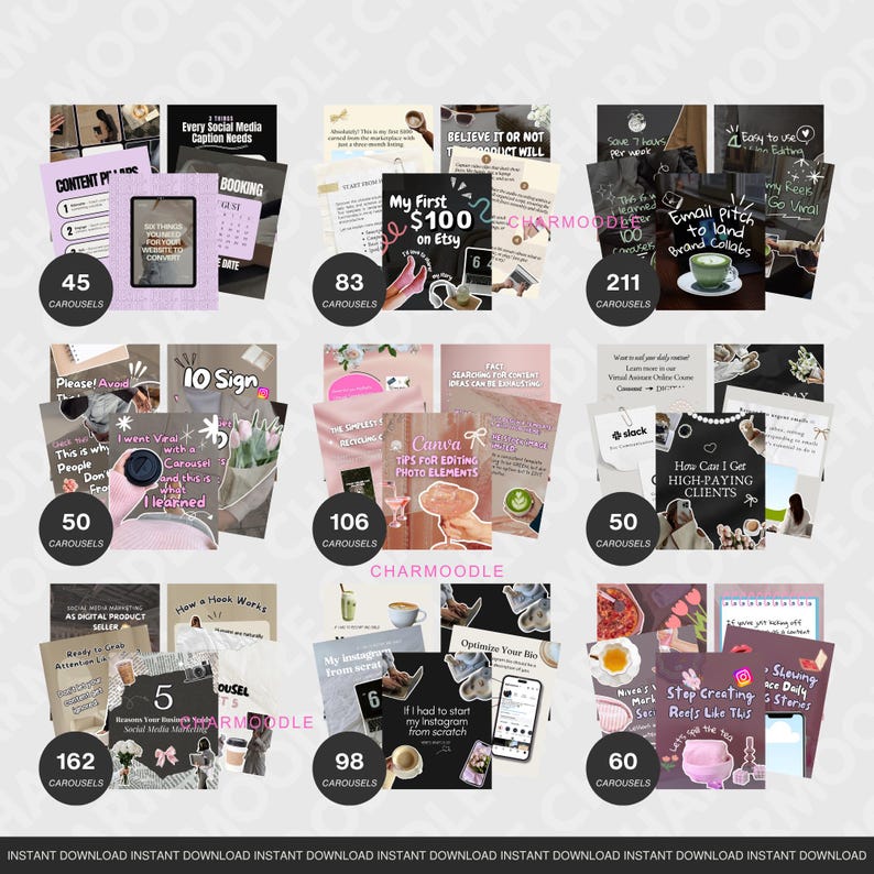 May include: A collection of digital product templates for social media, including Instagram carousels. The templates feature various designs with text overlays, such as "My First $100 on Etsy" and "How Can I Get High-Paying Clients." The color palette includes pink, black, and white.