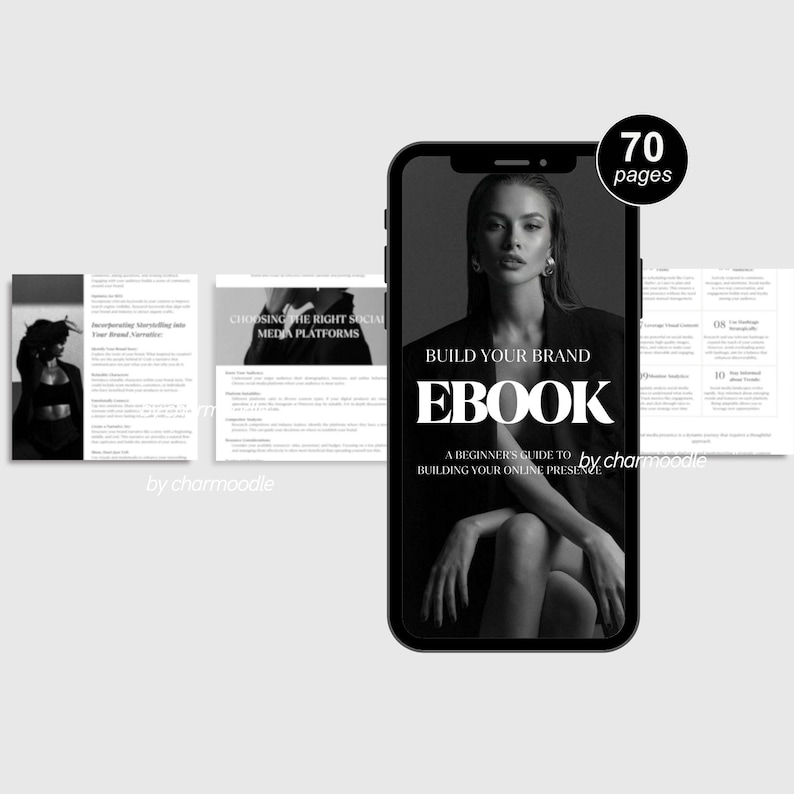 Puede incluir: Imagen en escala de grises de un smartphone que muestra un ebook titulado "Build Your Brand". La portada del ebook presenta a una mujer y el texto "EBOOK" en letras blancas. El ebook tiene 70 p&aacute;ginas y es una gu&iacute;a para principiantes sobre c&oacute;mo construir una presencia en l&iacute;nea.