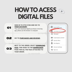 Puede incluir: Un gr&aacute;fico con instrucciones sobre c&oacute;mo acceder a archivos digitales. El texto dice "HOW TO ACCESS DIGITAL FILES". Los pasos incluyen iniciar sesi&oacute;n en Etsy, ir a compras y rese&ntilde;as y seleccionar descargar archivos. Una pantalla de tel&eacute;fono muestra la opci&oacute;n "Compras y rese&ntilde;as".
