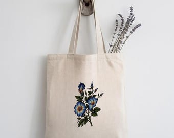 Blauwe draagtas met bloemen, illustratie van botanische wilde bloemen, herbruikbare shopper, cottagecore-stijl, cadeau voor haar