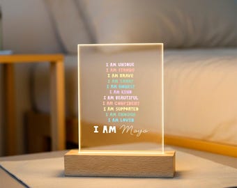 Personalized acrylic night light with wooden base, I AM affirmation lamp for kids room, custom name bedside LED, nursery decor gift