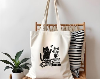 Cat Tote Bag with Book Stack and Plant Graphic, Minimal Black Illustration for Readers, Gift for Book Lovers