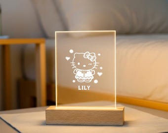 Personalized Cat Engraved LED Night Light, Wooden Base, Nursery Decor