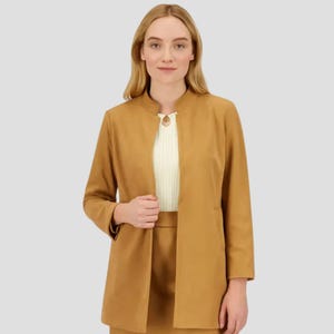 Classic Suede Leather Jacket for Women | Camel Brown Blazer Style Coat | Handmade Minimalist Outerwear