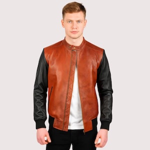 Men’s Leather Bomber Jacket | Brown and Black Two-Tone Genuine Leather Coat | Handmade Outerwear for Men
