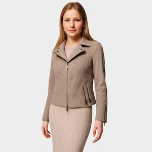 Classic Beige Suede Biker Jacket – Women’s Goat Leather Moto Coat with Zipper Details