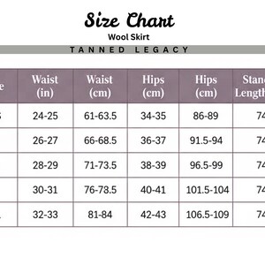 May include: A size chart for a wool skirt, with measurements in inches and centimeters. The chart includes waist, hip, and length measurements for sizes XS to XL. The text "TANNED LEGACY" is at the top of the chart.