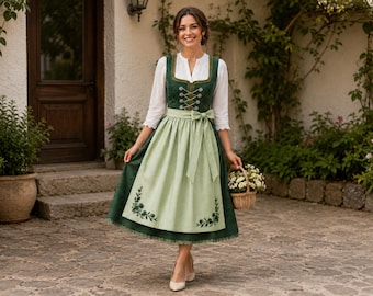Edelweiss Forest Green Dirndl Dress | Embroidered Bavarian Trachten with Blouse | Traditional German Oktoberfest Costume | Maxi Folk Dress