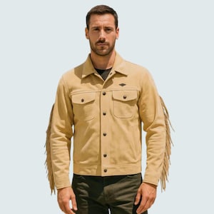 Men’s Beige Suede Fringe Jacket – Western Cowboy Leather Coat with Tassel Sleeves