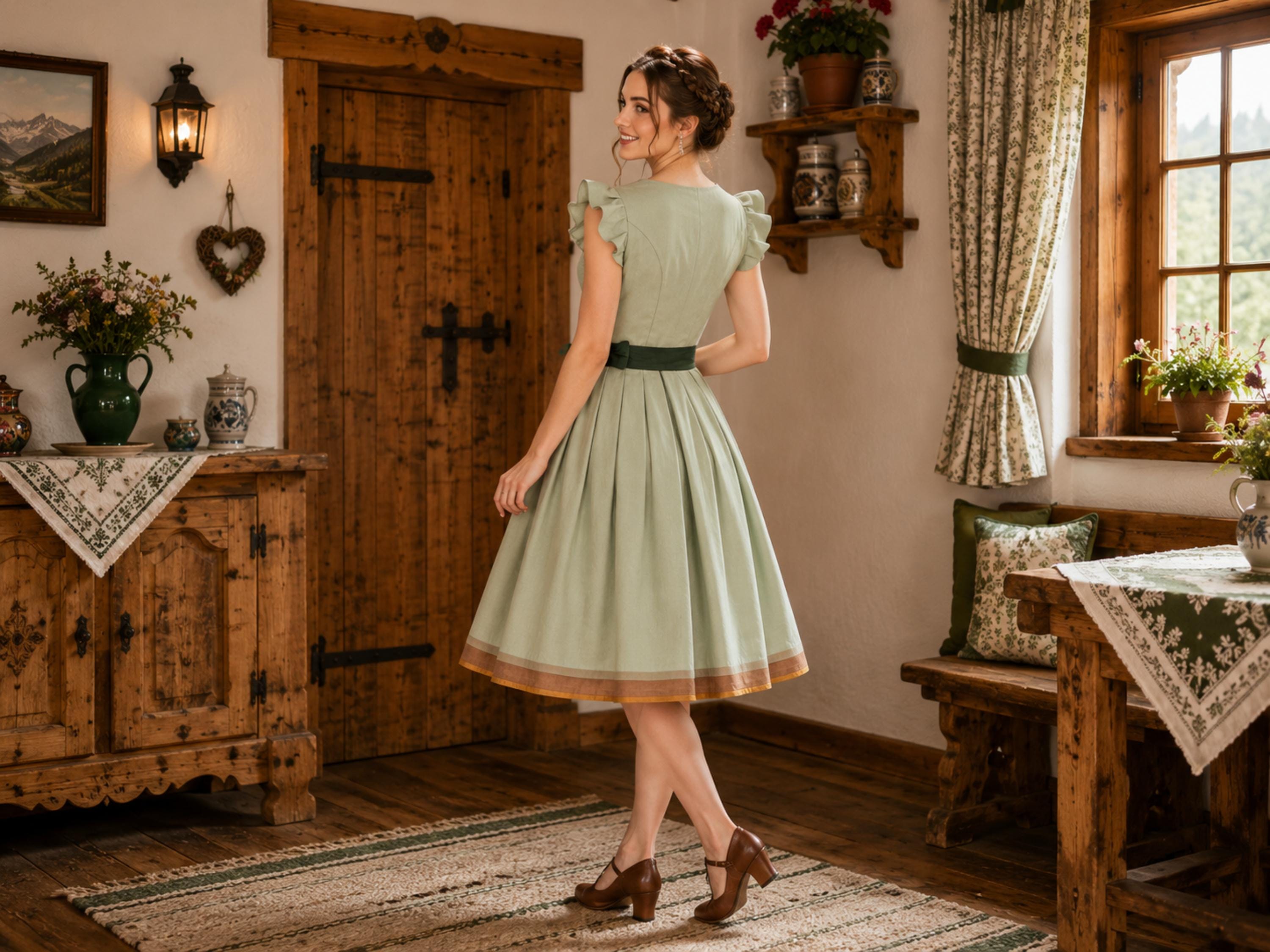 German Ruffles Sage Green Dirndl Dress Women | Ruffle Sleeve Bronze Hook Bavarian ...