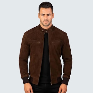 Brown Suede Leather Jacket for Men  Moto Racer Style  Fall & Winter Outerwear