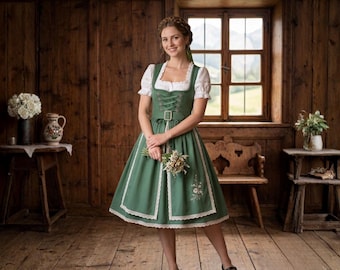 Traditional Green Dirndl Dress, Women Oktoberfest Outfit, Bavarian Trachten Dress with Blouse Lace Up German Folk Festival Dress, Gift her