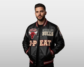 NBA Vintage Leather Jacket Chicago Bulls 6-time Champions Bomber 3