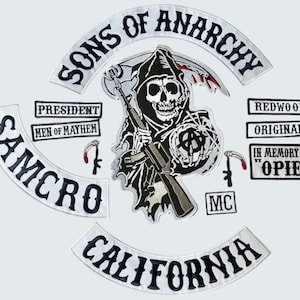 Sons of Anarchy SAMCRO Patch Kit | Grim Reaper Embroidered Patches for Motorcycle Vest & Jacket | Outlaw Club Patch Pack