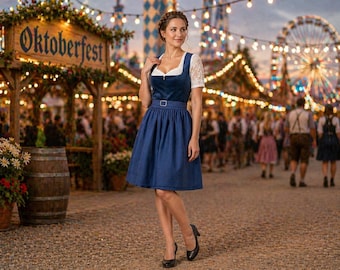 Royal Blue Velvet Dirndl Dress with Lace Blouse – Bavarian Oktoberfest Trachten Apparel for Women, Wedding Gift, Gift for her