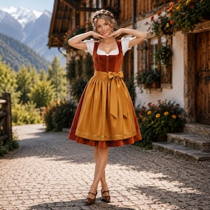 May include: A dirndl dress featuring a rust-colored velvet bodice with a front zipper, a white short-sleeved blouse with a square neckline, and a golden-yellow satin apron tied in a bow at the waist, worn over a matching rust-colored skirt.