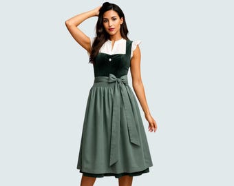 Forest Green Velvet Dirndl Dress | Traditional Bavarian Trachten Costume with Apron | Oktoberfest Outfit Women