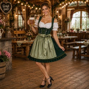 May include: A dark green dirndl dress featuring a white off-the-shoulder blouse with puffed sleeves, a fitted bodice with decorative lacing, and a matching satin apron tied in a bow at the waist, paired with black high-heeled shoes.