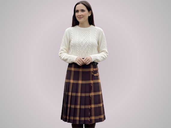 Vintage Wool Kilt Skirt | Plum Mustard Tartan Pleated Midi | Women's Autumn Winter A-Line Skirt