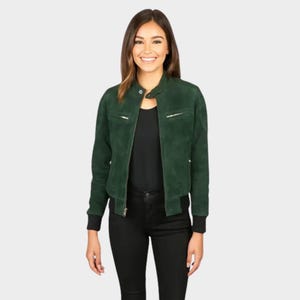 Women’s Green Suede Bomber Jacket – Genuine Goat Suede Leather Coat with Front Zip & Pockets | Classic Retro Bomber Style