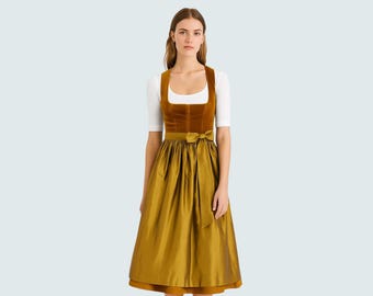Mosterd-dirndljurk met schort | Beiers Oktoberfest-kostuum | Duitse trachten-outfit voor dames