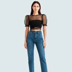 Elegant Black Sheer Puff Sleeve Crop Top – Women’s Fashion Blouse for Drindl, Jeans & Skirts
