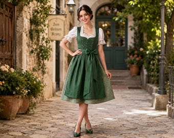 Green Gingham Dirndl Dress Women | Lace Up Bodice Bavarian Trachten with Blouse | Traditional German Oktoberfest Folk Costume | Midi Dress