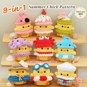 9-i-1-paket med virkmönster för sommartjej i hattar, kawaii amigurumi i PDF-format, ingen sömnad och låg sömnad, nybörjarvänlig