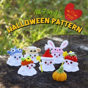 May include: A collection of seven handmade crochet Halloween-themed figures, including ghosts, a lamb, a bunny, and a pumpkin. The figures are white with colorful hats and accessories. The text "All 7 in 1 Halloween Pattern" is displayed.
