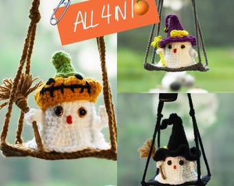 May include: Crocheted Halloween ghost ornaments in swings. One ghost wears a pumpkin hat, another a purple witch hat, and the third a black witch hat. The text "ALL 4 NI" is on an orange background.