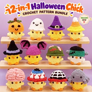 May include: A collection of twelve small crocheted yellow chicks, each wearing a different Halloween-themed hat, including a pumpkin, ghost, witch hat, candy corn, bat, zombie, Frankenstein, brain, eyeball, spiderweb, and spider.