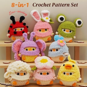 Conjunto de patrones de ganchillo 8 en 1: Pollito de primavera, gorros de animales amigurumi, pollito con flores, regalo para mamá, ideal para principiantes (descarga en PDF).